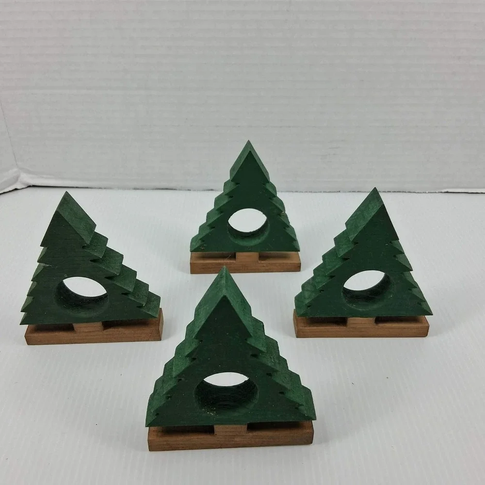 Vintage Style Wooden Christmas Tree Napkin Rings Set of 4‎ Green Rustic Holiday
